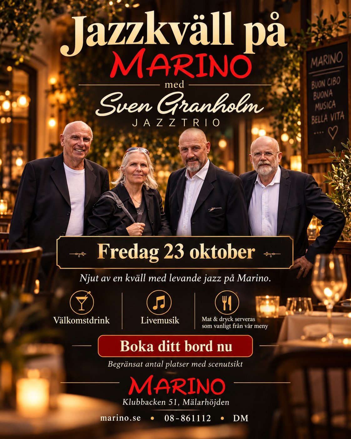 Jazz evening at Marino restaurant on October 23 featuring Sven Granholm Jazz Trio with welcome drinks, live music, and dinner service