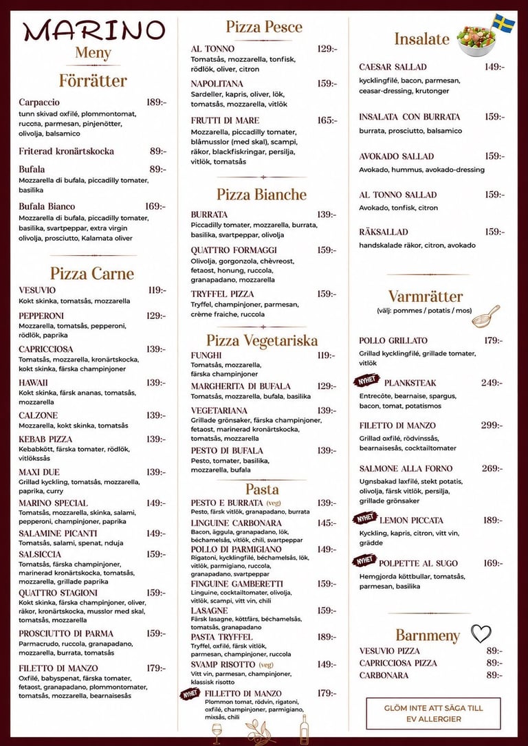 Marino restaurant menu featuring Italian pizza, appetizers, salads, and meat dishes with prices in Swedish kronor