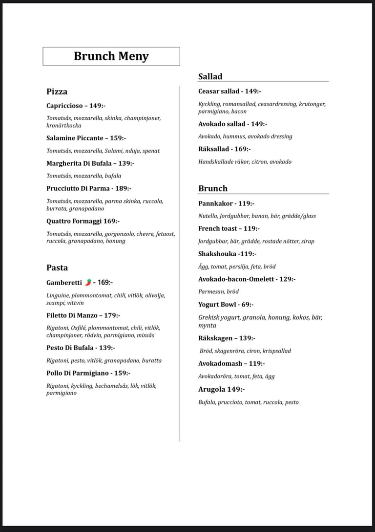 Brunch menu featuring pizza, pasta, salad, and brunch items with prices and ingredient descriptions.