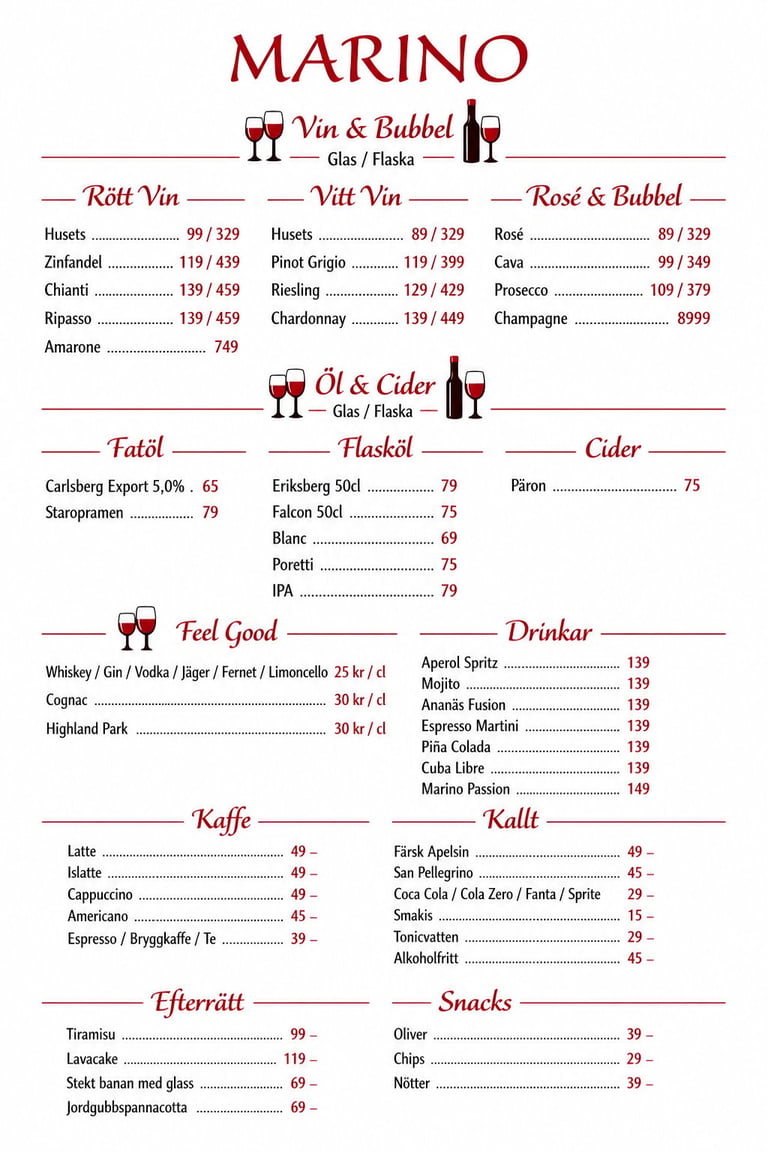 Marino Vin & Bubbel restaurant menu featuring wine, beer, cider, cocktails, coffee and snacks with prices