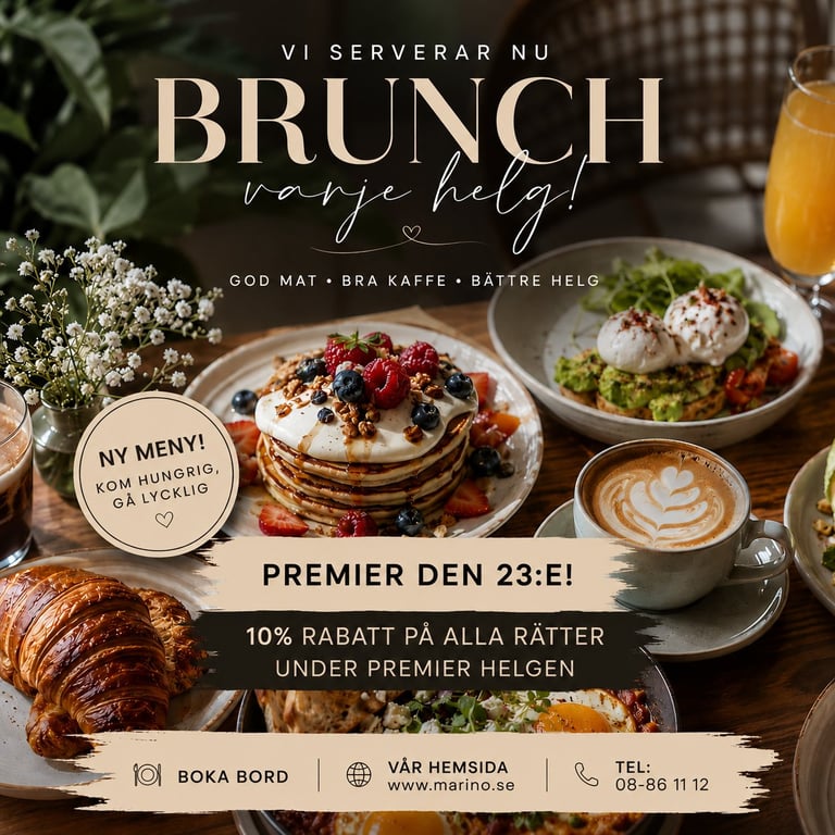 Brunch promotional poster featuring gourmet dishes, pastries, coffee, and juice with Swedish text and event details