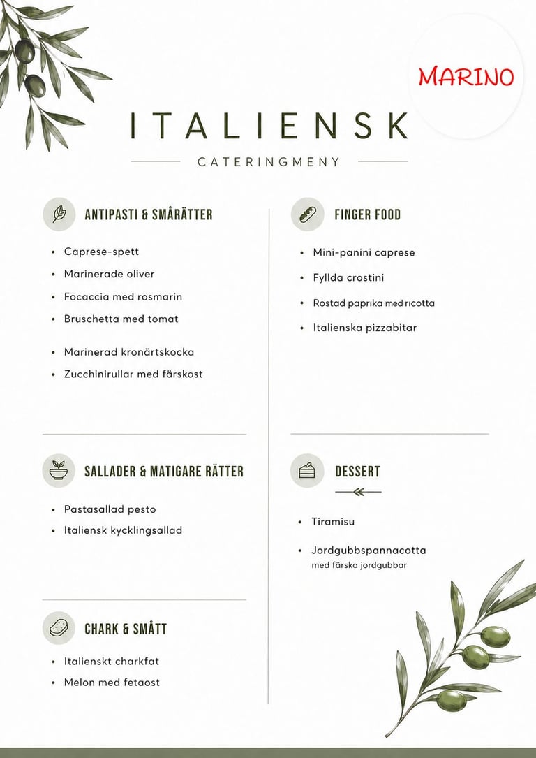Marino Italian catering menu with antipasti, finger food, salads, desserts, and charcuterie offerings.