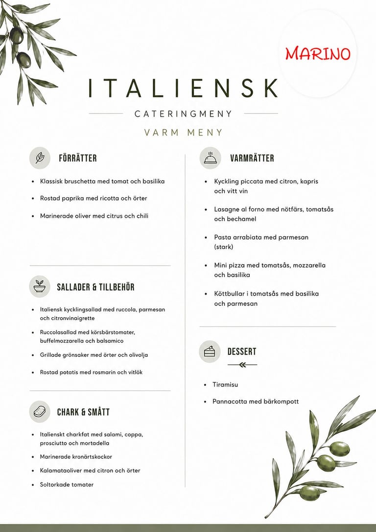 Italian catering menu with five categories: appetizers, warm dishes, salads, charcuterie, and desserts, decorated with olive branch illustrations